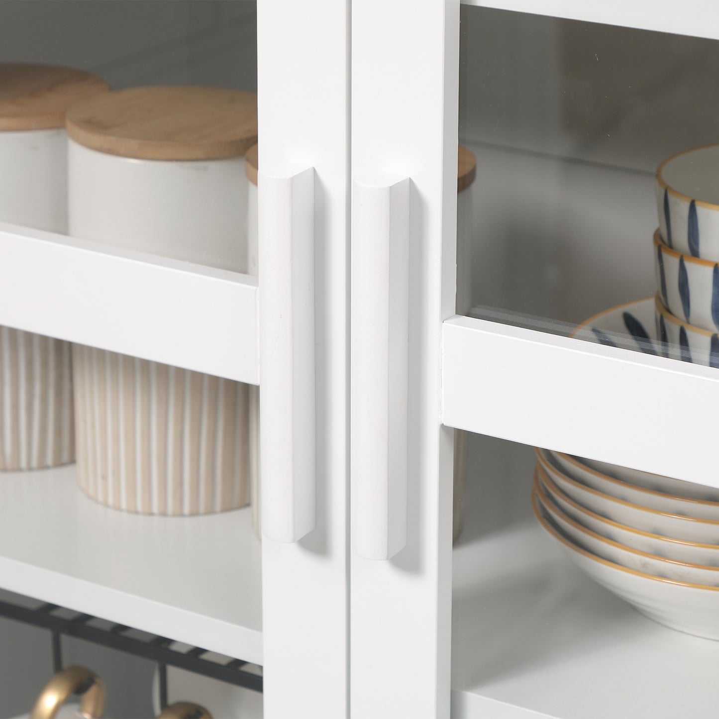 Freestanding Kitchen Pantry, Buffet Cabinet, 5-tier Storage Cabinet with Adjustable Shelves and 2 Glass Doors, White
