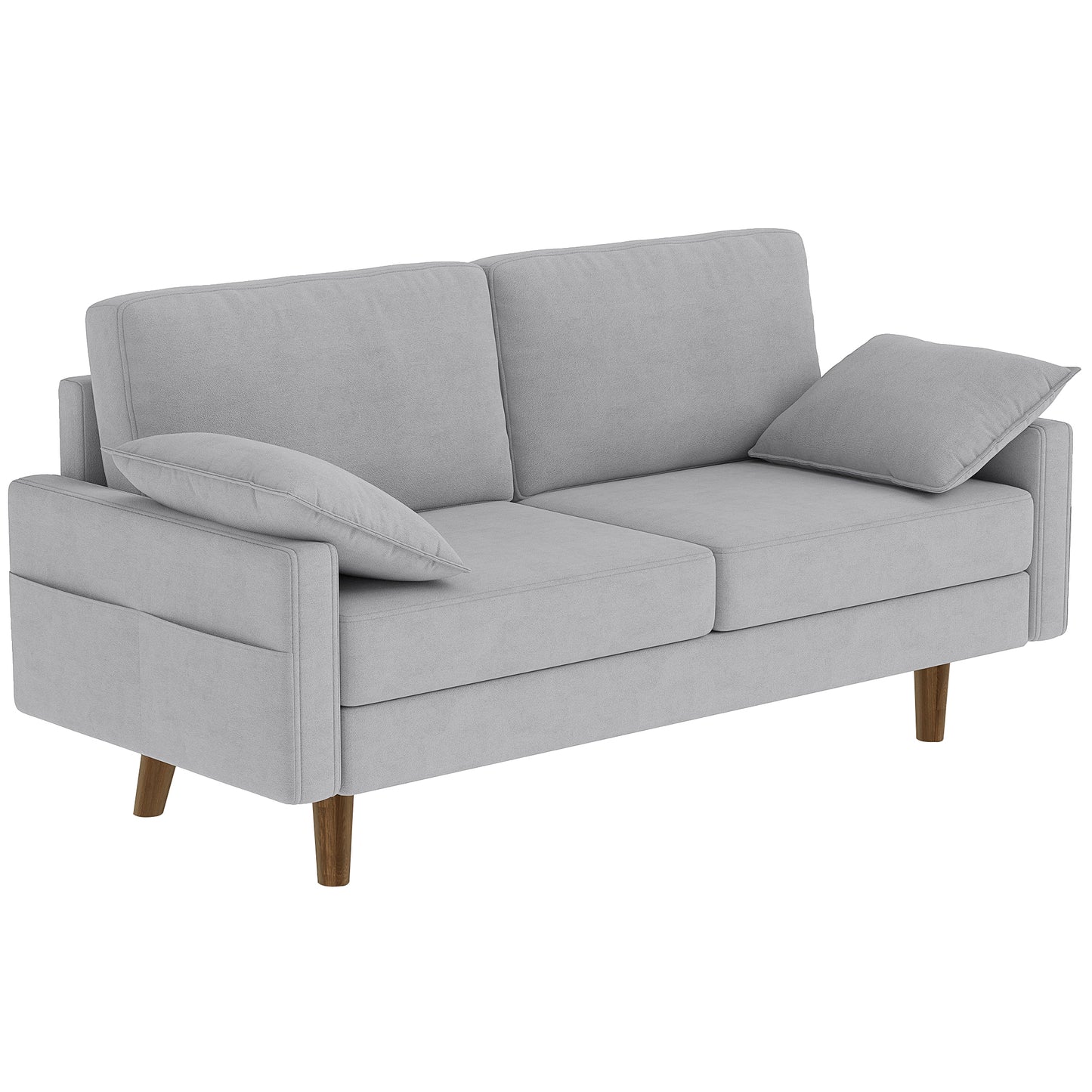 3 Seater Sofa, Velvet Upholstered Couch with Spring Cushions, Rubber Wood Legs and 2 Pillows, Grey