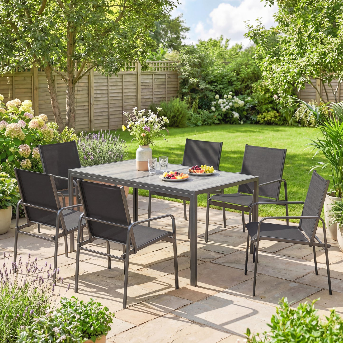 Outdoor Dining Set for 6, Faux Wood Patio Table and Chairs with Breathable Mesh Seat, Galvanized Steel Frame, Black