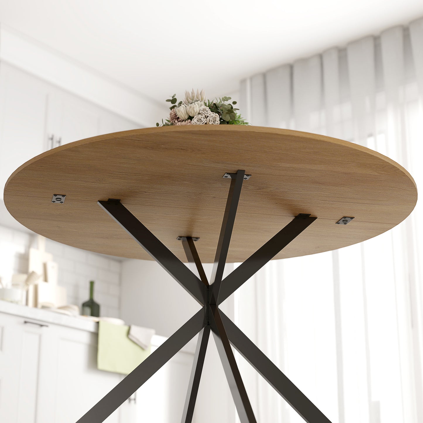 47" Round Kitchen Table for 4, Industrial Dining Table with Steel Legs for Dining Room, Brown and Black