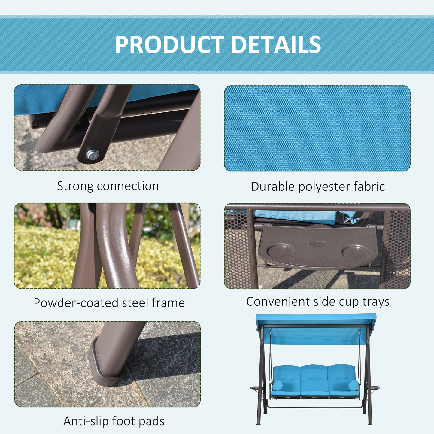 Outdoor Patio 3-Person Steel Canopy Cushioned Seat Bench Swing with Included Side Trays & Padded Comfort, Wine Red