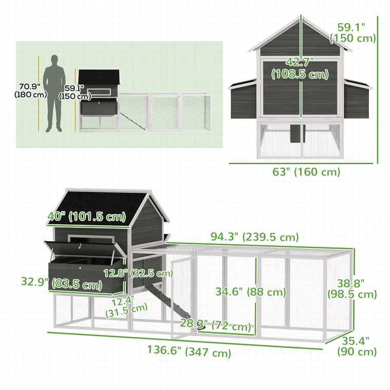 137" Dark Grey Wooden Chicken Coop with Run & Nesting Box