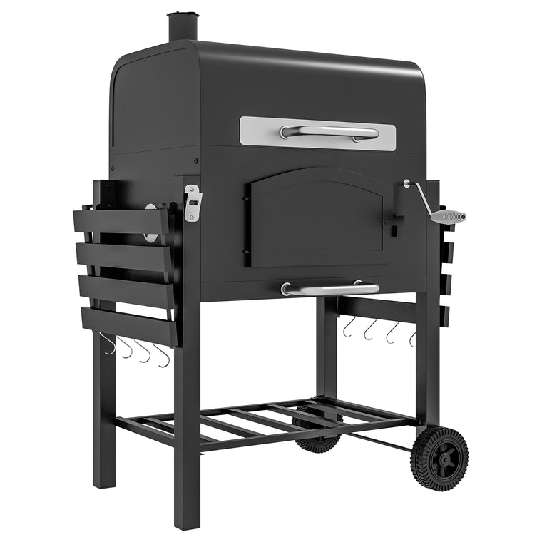 Black Charcoal Smoker with Adjustable Height & Folding Shelves