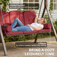 Outdoor Patio 3-Person Steel Canopy Cushioned Seat Bench Swing with Included Side Trays & Padded Comfort, Wine Red