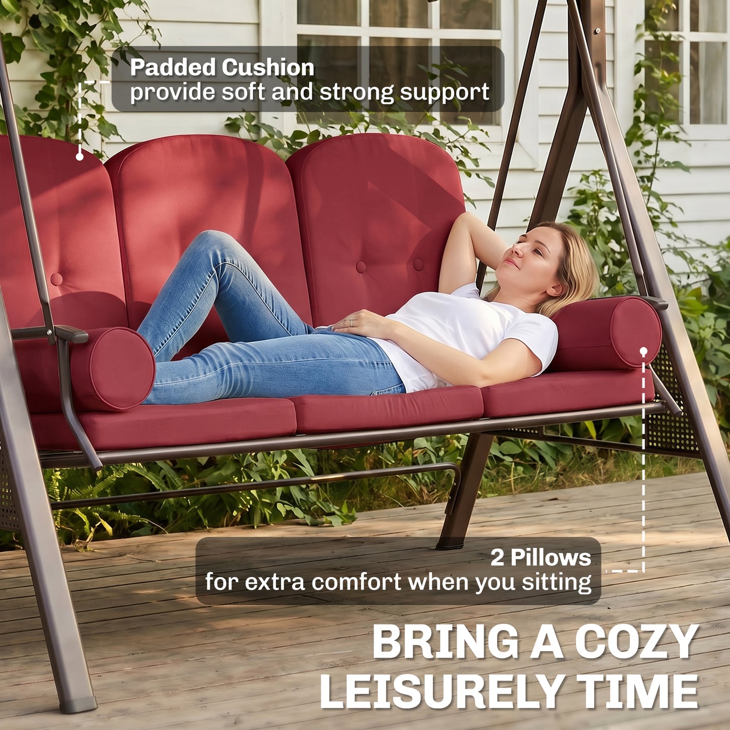 Outdoor Patio 3-Person Steel Canopy Cushioned Seat Bench Swing with Included Side Trays & Padded Comfort, Wine Red