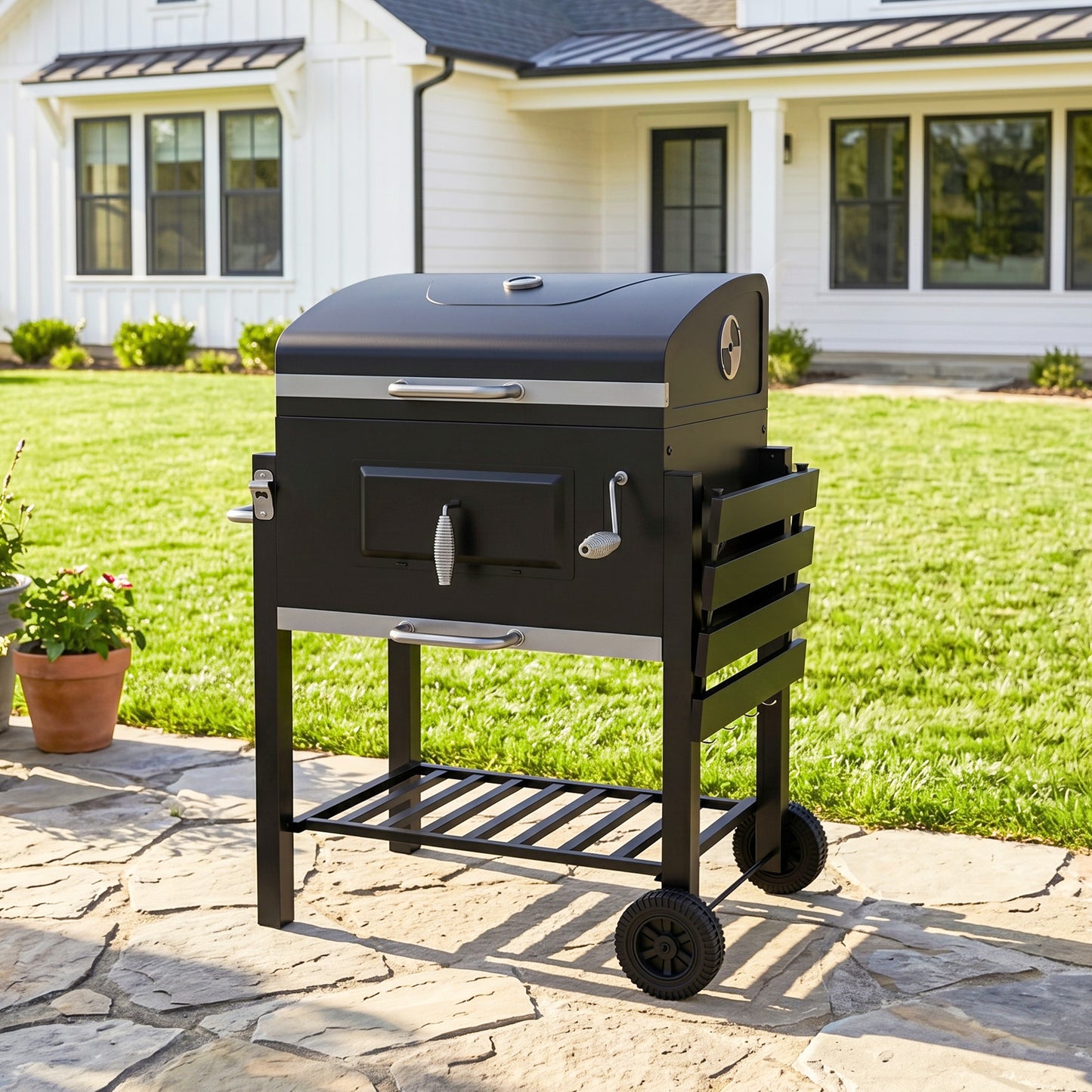 BBQ Trolley Charcoal Grill Portable Stainless Steel Barbecue Tool Kits w/ Wheels Side Shelf for Camping Hiking Picnic