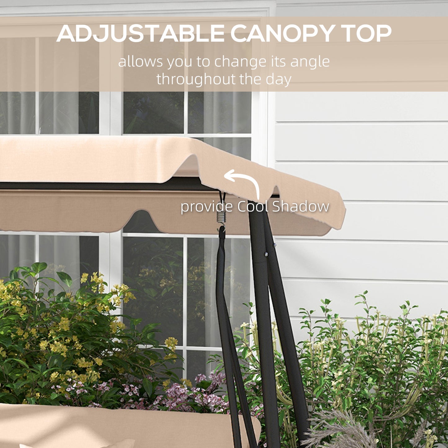 3-Seat Outdoor Patio Swing Chair, 2-in-1 Convertible Flat Bed, Canopy Swing with Adjustable Shade, Removable Cushions, Cup Holder, Light Brown