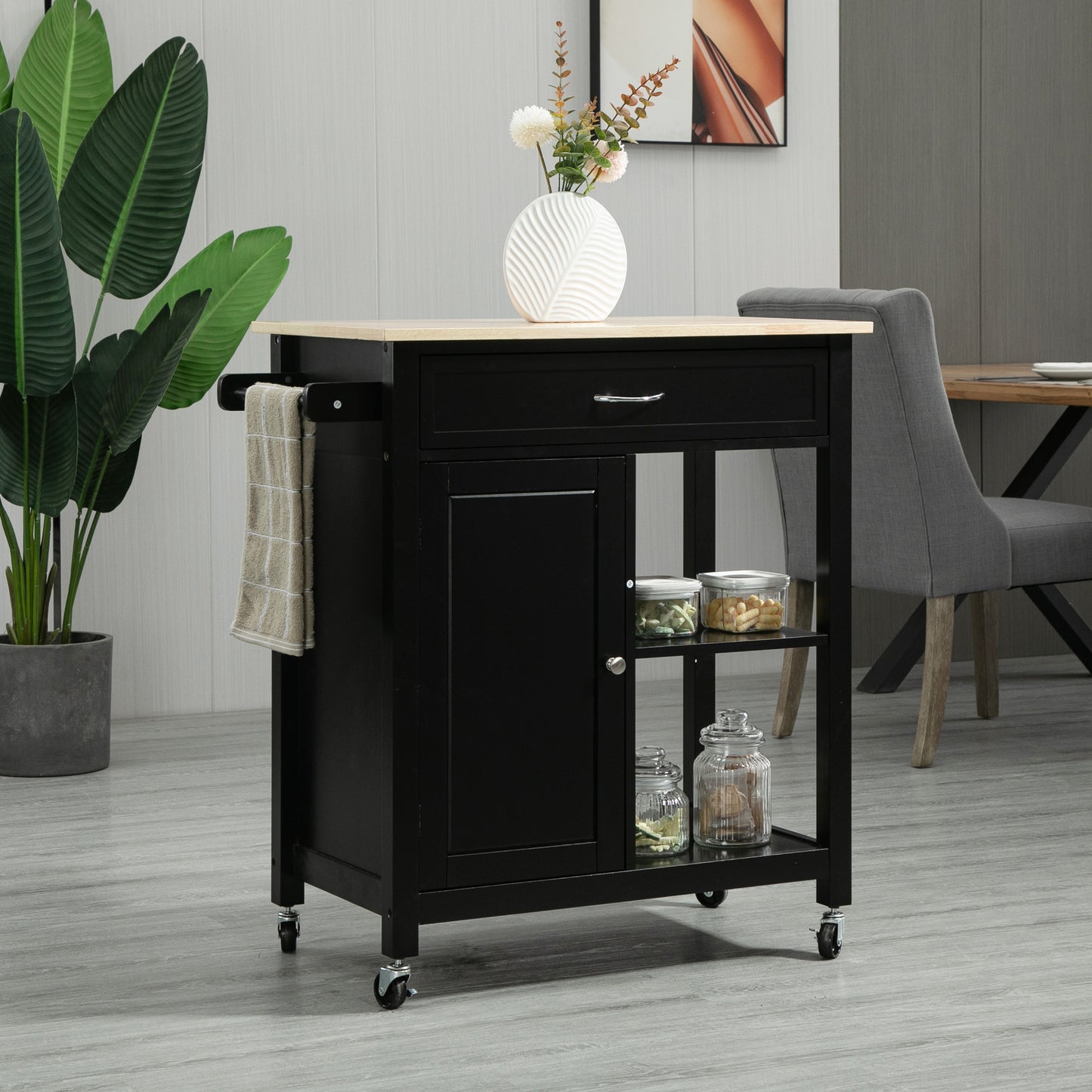 Rolling Kitchen Cart with Wood Top and Drawer, Kitchen Island on Wheels for Dining Room, Black