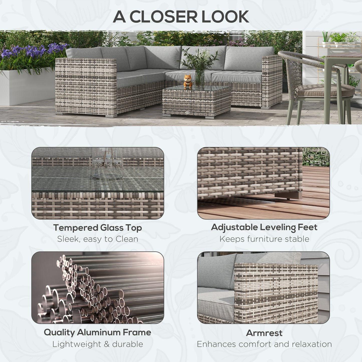 4 Pieces Rattan Wicker Outdoor Conversation Furniture Set w/ Corner Sofa Loveseats Coffee Table Cushions, Grey