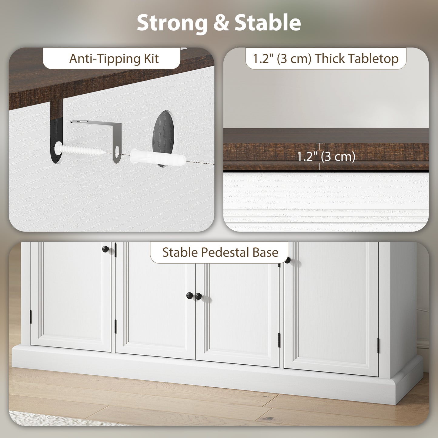 Farmhouse Sideboard with Charging Station and Thickened Top, 58" Buffet Cabinet with 2 Soft-Close Drawers, White