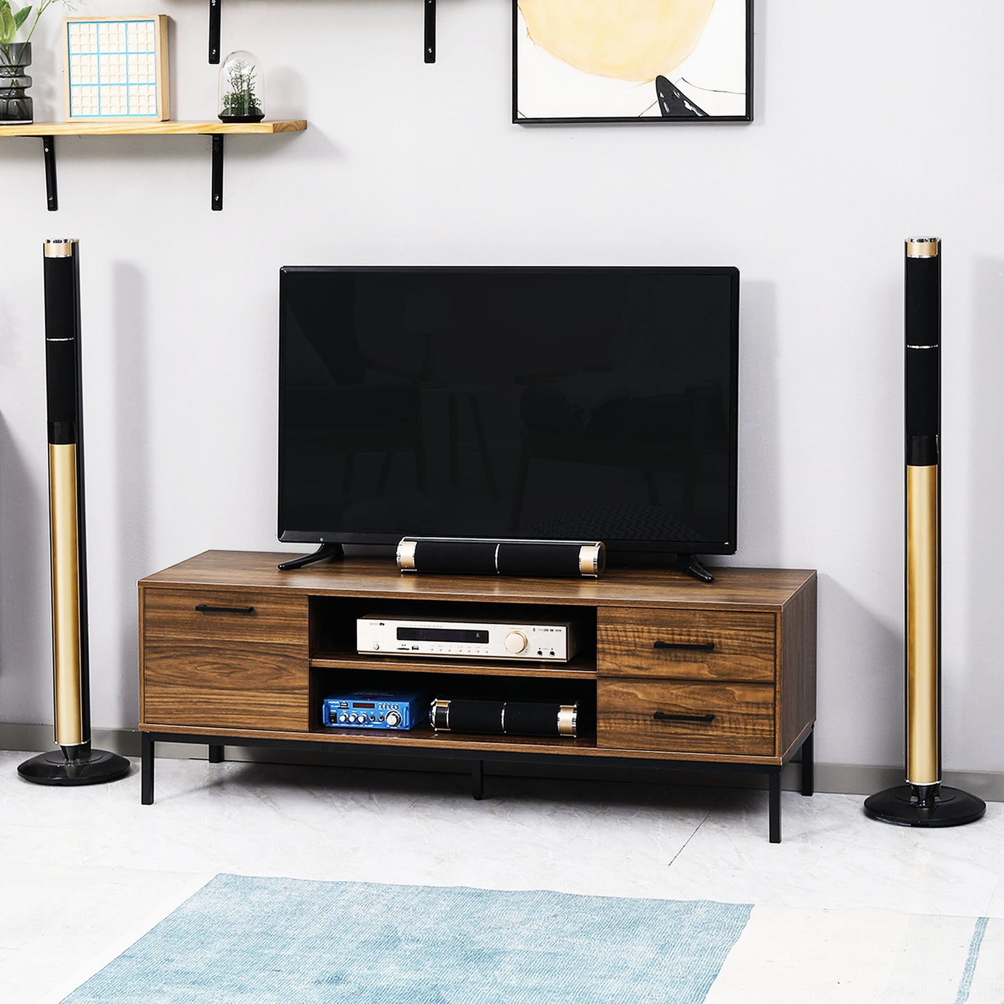 TV Stand for TVs up to 50 Inch, TV Cabinet with Door, Open Storage and Drawers, Steel Legs, Dark Walnut