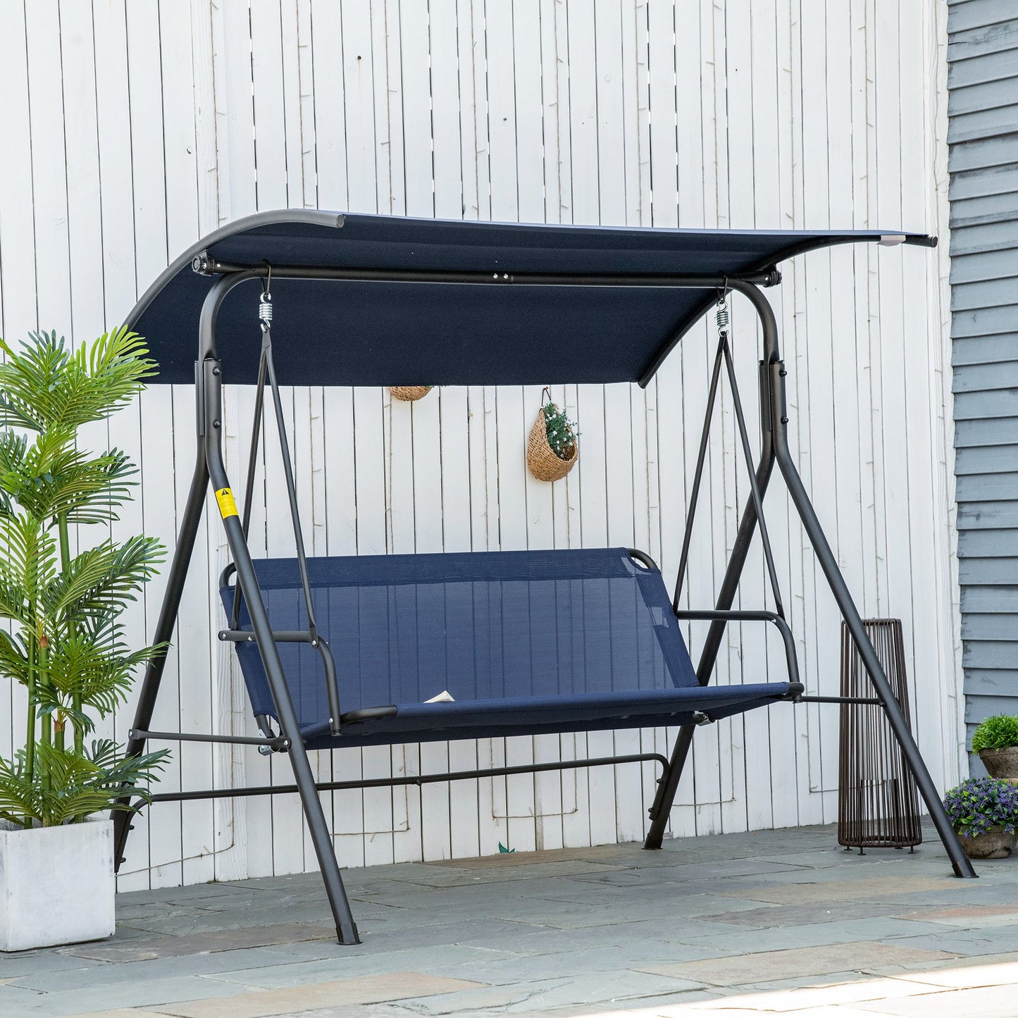 3-Seater Outdoor Porch Swing with Adjustable Canopy, Patio Swing Chair for Garden, Poolside, Backyard, Wine Red - Dark Blue