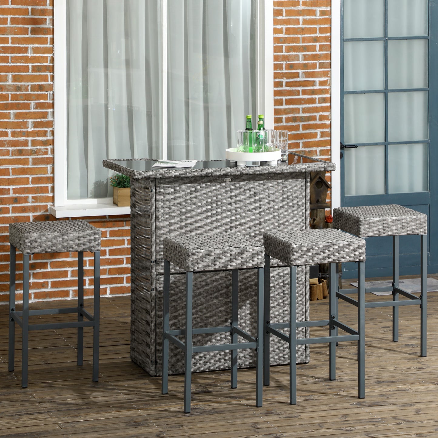 5 Pieces Patio Bar Set, Outdoor PE Rattan Wicker High Top Outdoor Table and Chairs Outdoor Bar Set with Tempered Glass Top Bar Table and Shelves, 4 Bar Chairs, Black