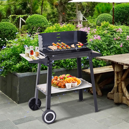 Charcoal BBQ Smoker Trolley with Side Trays & Storage Shelf