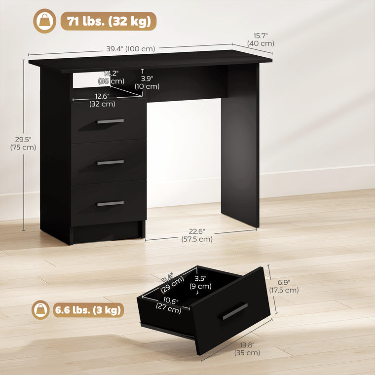 39" Computer Desk with 3 Drawers - Black