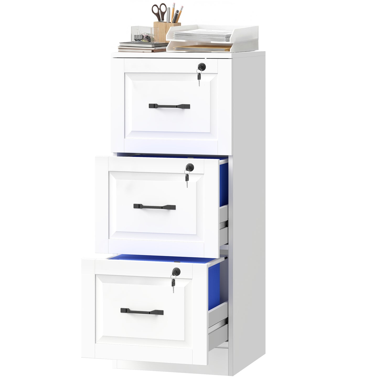 3 Drawer File Cabinet with Lock, Vertical Filing Cabinet with Adjustable Hanging Bars for A4 and Letter Size, White