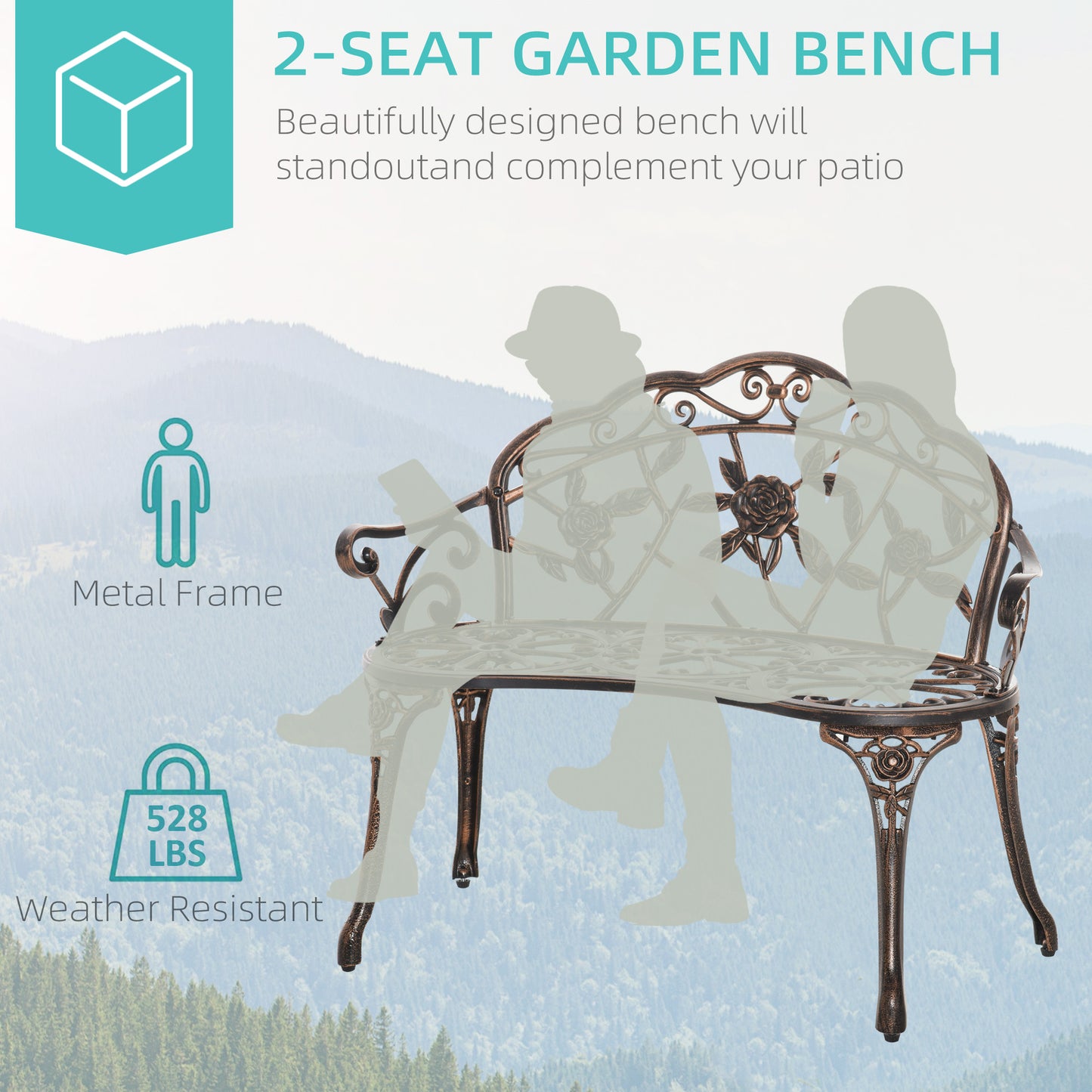 40" Outdoor Garden Bench, Cast Aluminum Antique Rose Style Patio Garden Park Loveseat Bench for Backyard, Porch, Balcony, Lawn, Bronze