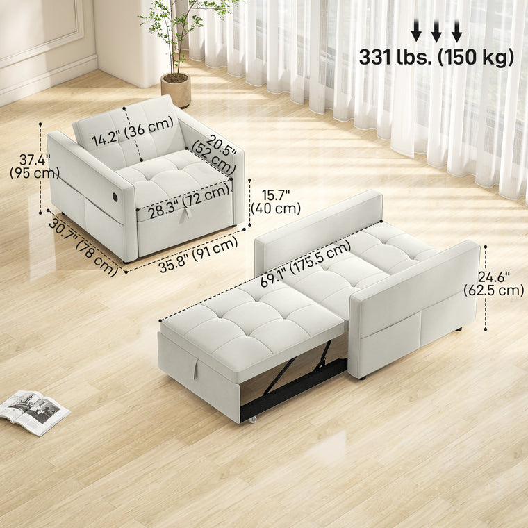 Convertible Pull-Out Sleeper Chair Bed with USB