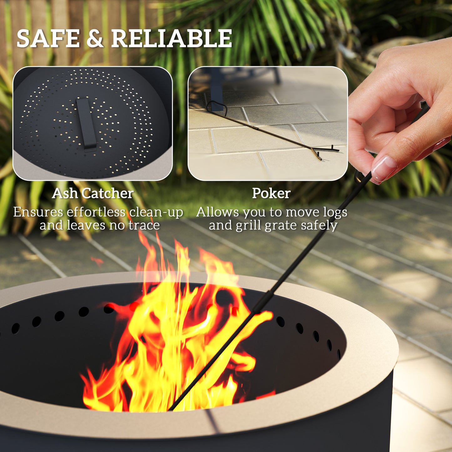Outdoor Fire Pit, Round Firepit with Grill Grate, Fire Bowl with Ash Catcher and Poker for Backyard Camping Bonfire Picnic, Black