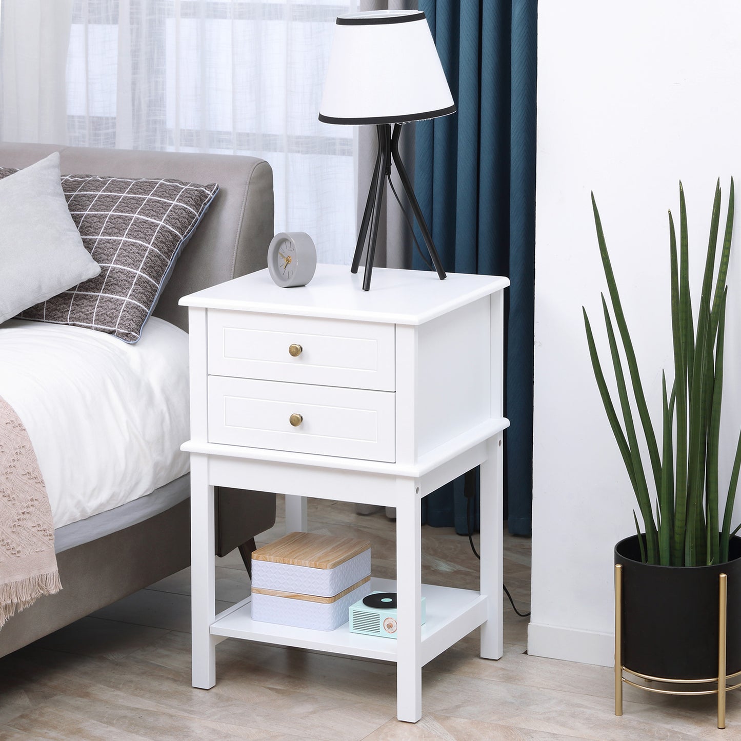 Modern Sofa Side Table, Accent End Table with Drawers and Storage Shelf, Nightstand for Bedroom Living Room, White