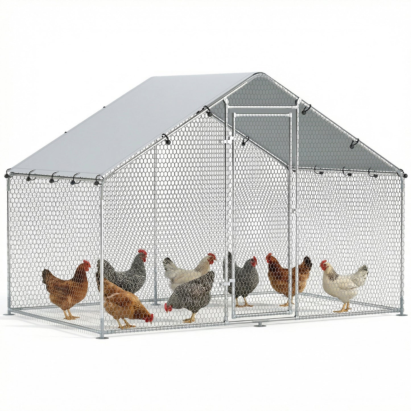 Metal Chicken Coop, 9.8 x 11.2 FT Walk-in Chicken Run with Cover, Lockable Door, Outdoor Poultry Cage for 10-15 Chickens