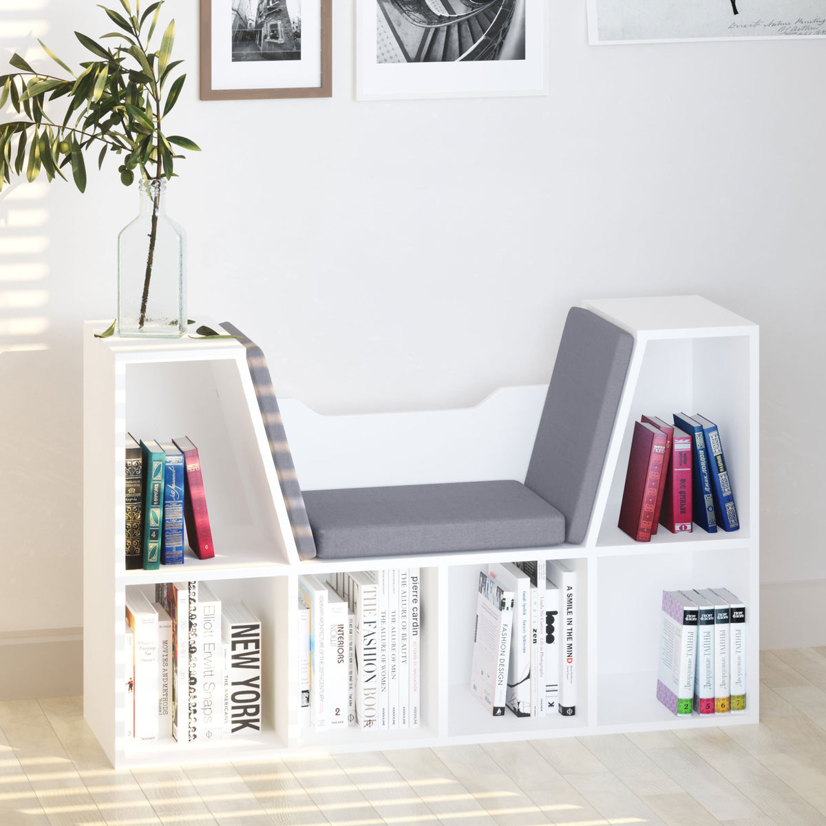 6-Cubby Bookcase with Seat Cushion, Cube Storage Shelf with Reading Nook for Home Office, Study, Grey