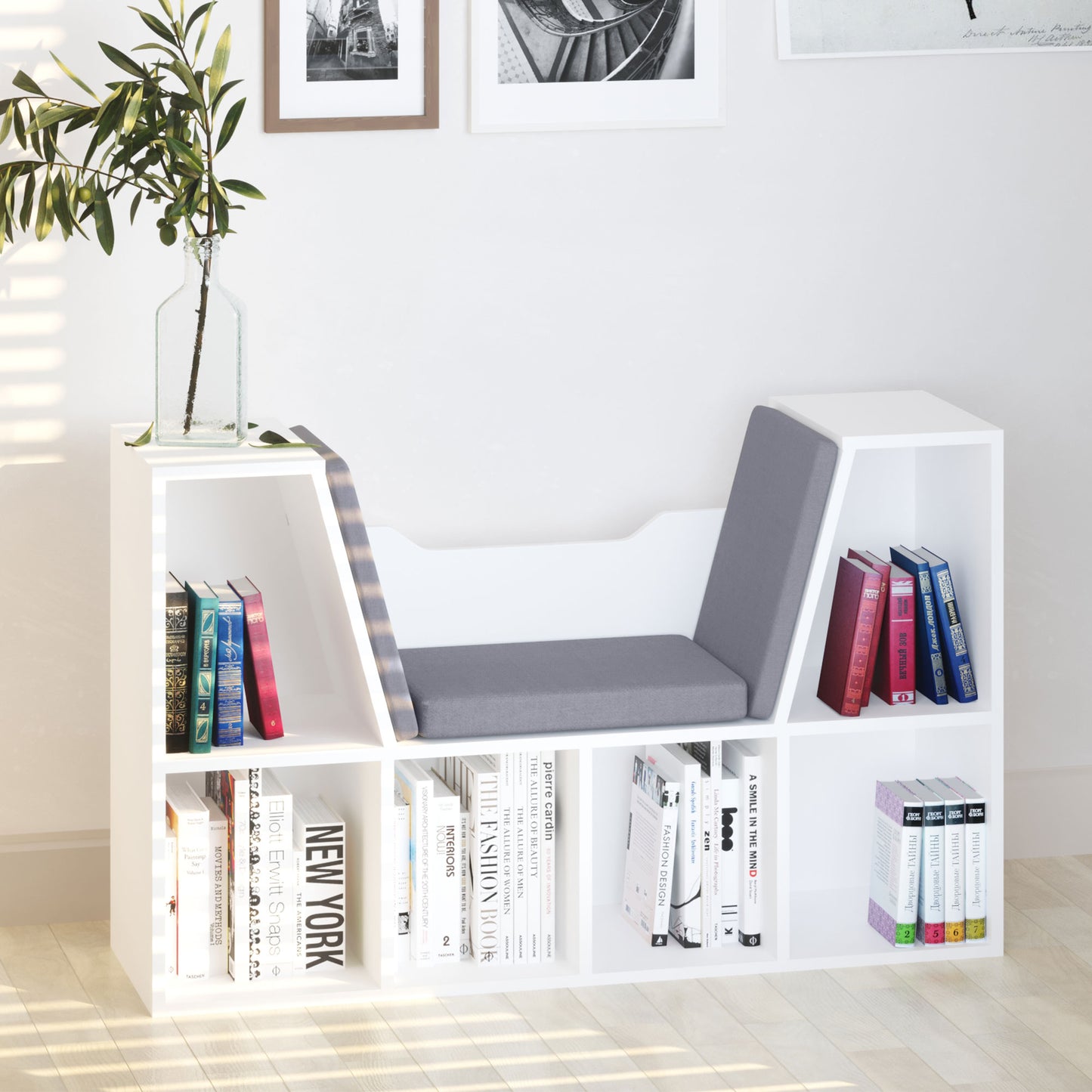 6-Cubby Bookcase with Seat Cushion, Cube Storage Shelf with Reading Nook for Home Office, Study, Grey