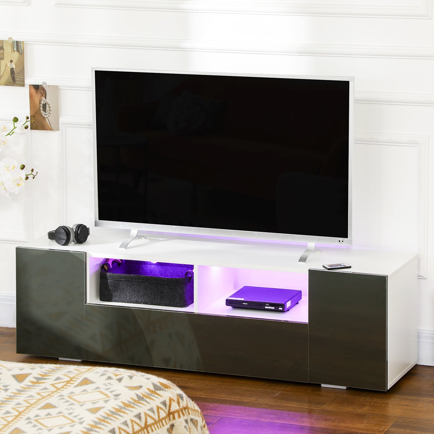 TV Stand for TVs up to 60", TV Unit with LED Lights, Storage Shelves and Cupboards, 53.9" x 13.8" x 16.5", Grey