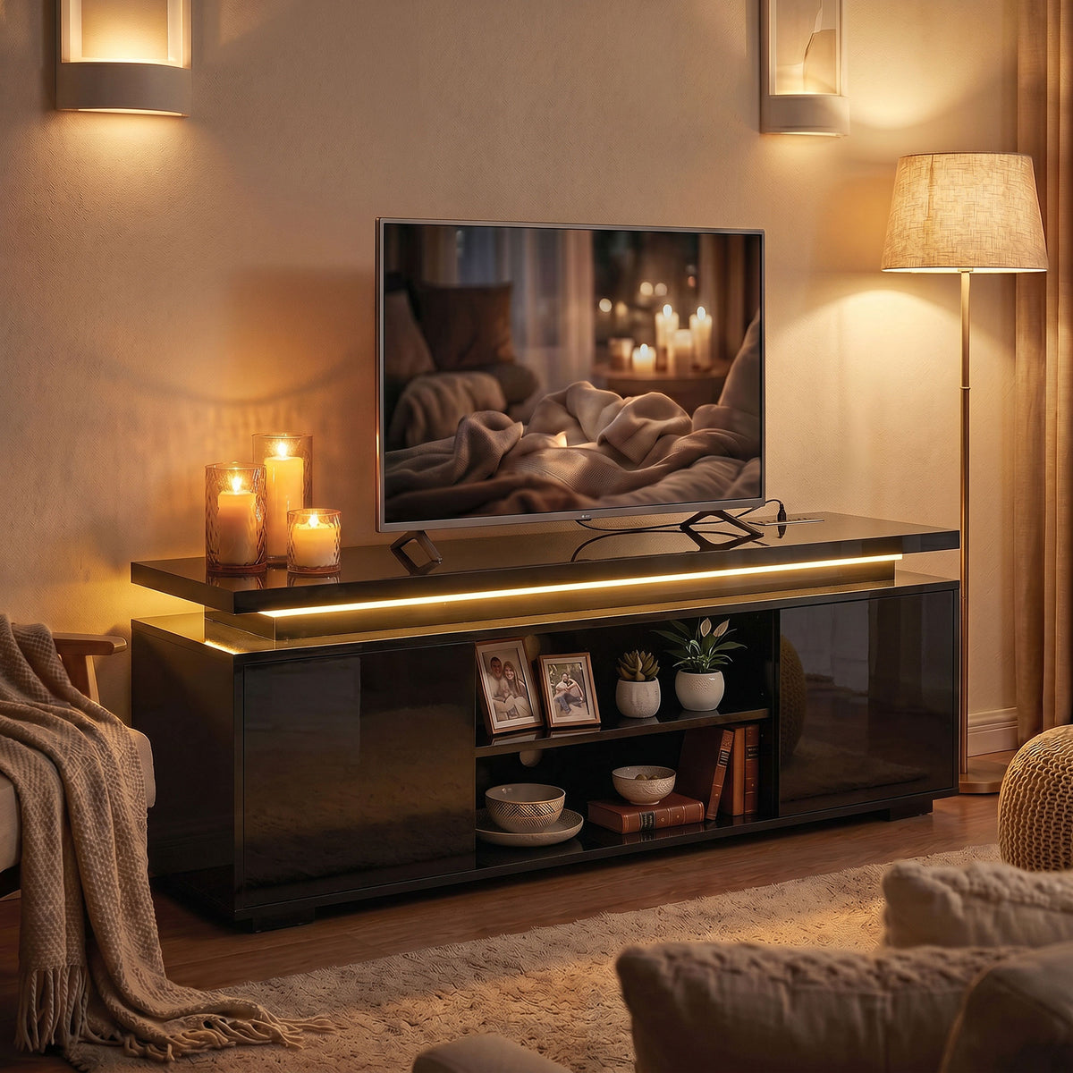TV Stand for TVs up to 60 Inch, Modern Entertainment Center with LED Lights and Power Outlets, High Gloss Black