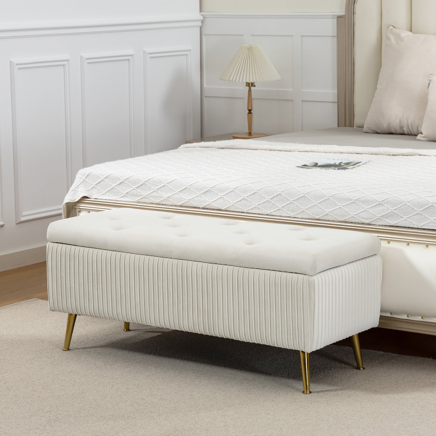 Storage Ottoman Bench, 43 Inch Large Storage Chest with Steel Legs and Padded Seat, Foot Rest, Load 485 lbs, Beige