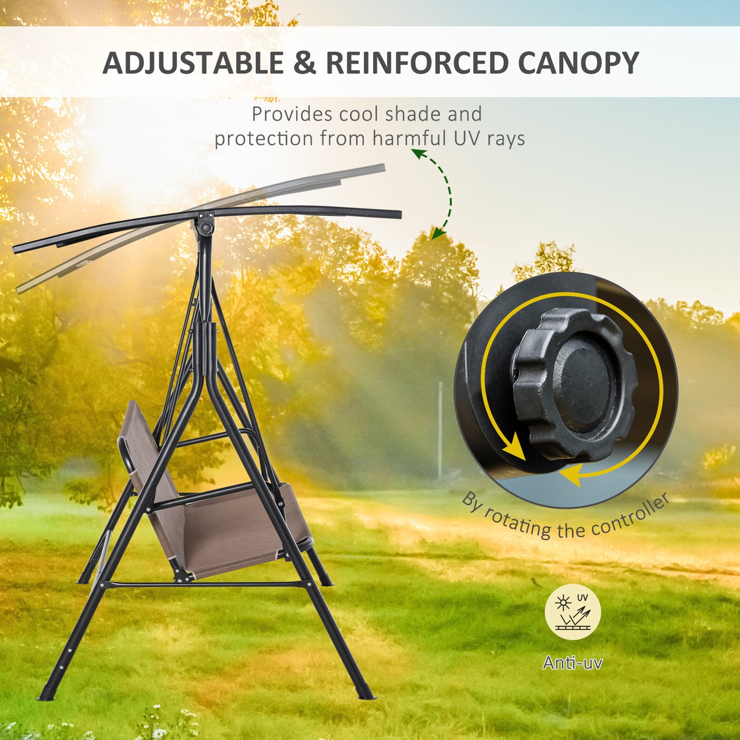 2-Person Porch Swing Chair, 2 Seater Patio Swing Bench w/ Adjustable Canopy, Breathable Seat for Garden, Poolside, Black