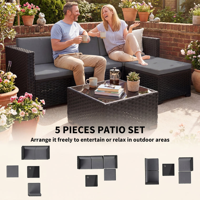 5-Piece L-Shape Wicker Sectional with Ottoman & Glass Table