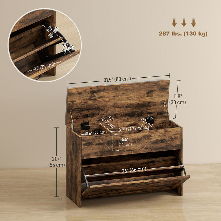 Shoe Storage Bench with Flip Drawer and Lift Top