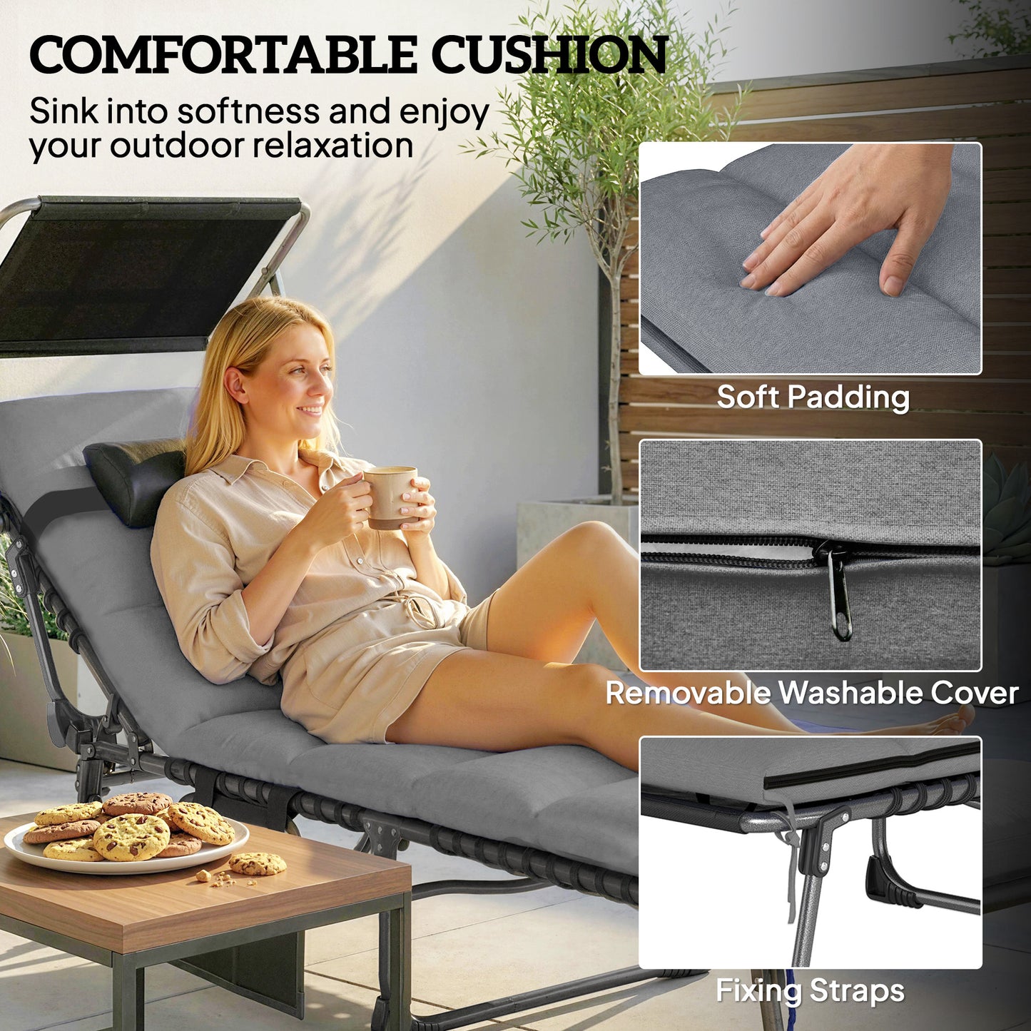 Lounge Chair Outdoor, Folding Chaise Lounge with 5-Level Adjustable Back, Cushion, Side Pocket and Headrest