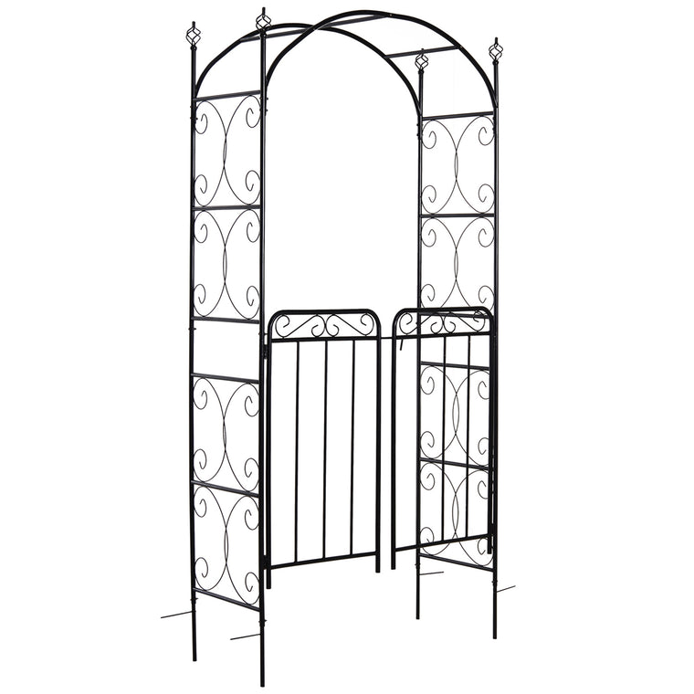 7' Metal Garden Arbor Arch with Scrollwork Doors