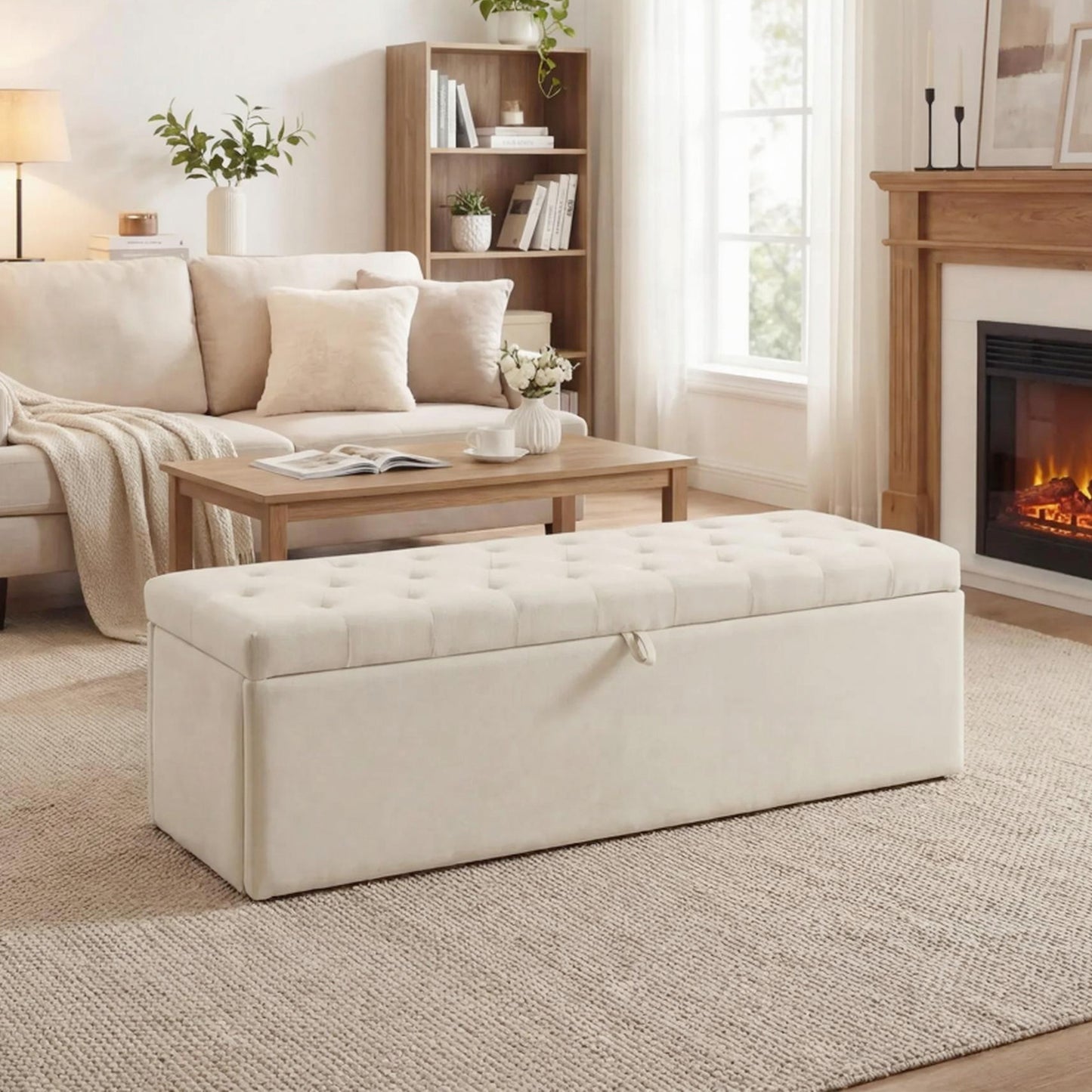 Storage Ottoman, Upholstered Velvet End of Bed Bench, Button Tufted Storage Bench for Bedroom, Living Room, Beige