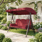 Outdoor Patio 3-Person Steel Canopy Cushioned Seat Bench Swing with Included Side Trays & Padded Comfort, Wine Red
