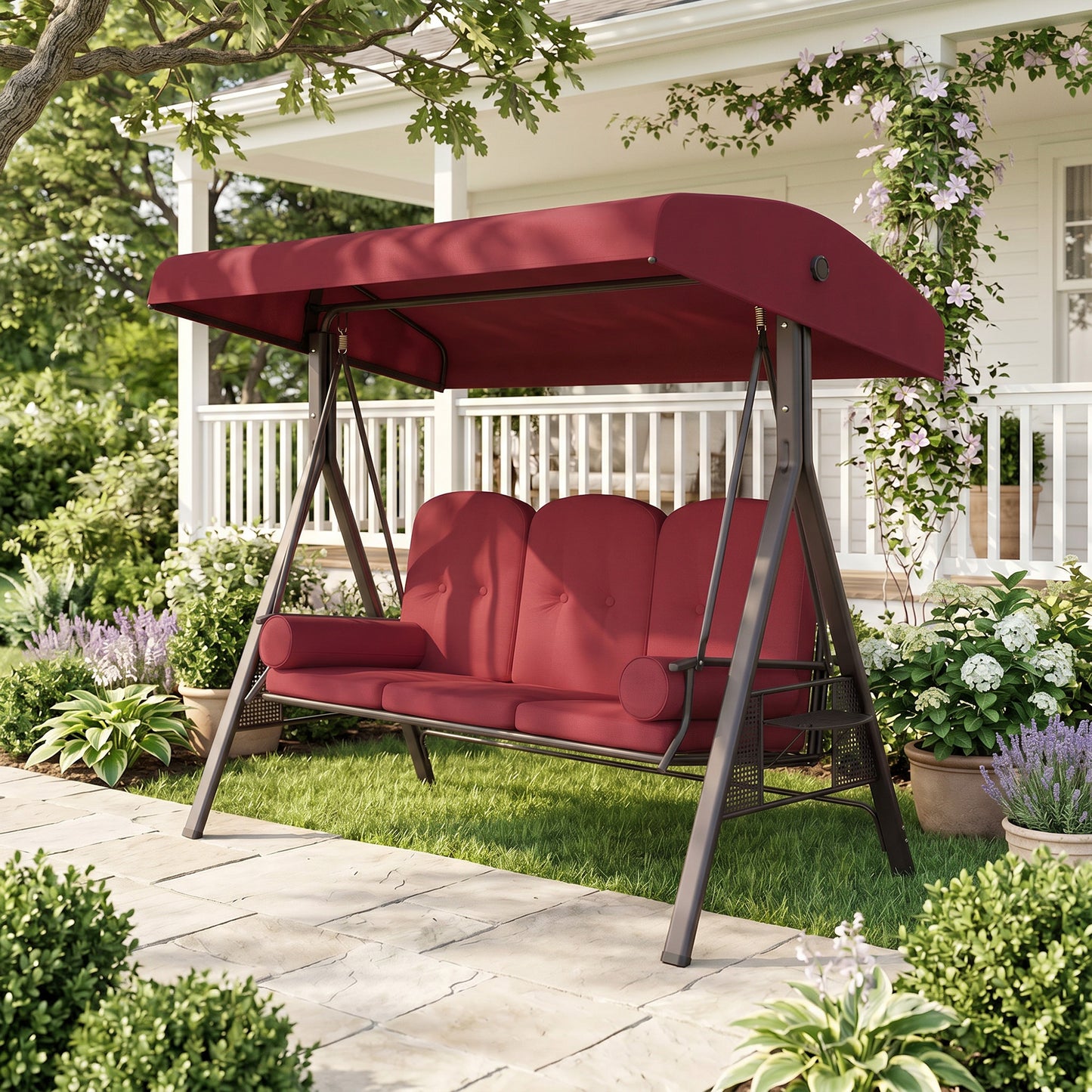 Outdoor Patio 3-Person Steel Canopy Cushioned Seat Bench Swing with Included Side Trays & Padded Comfort, Wine Red