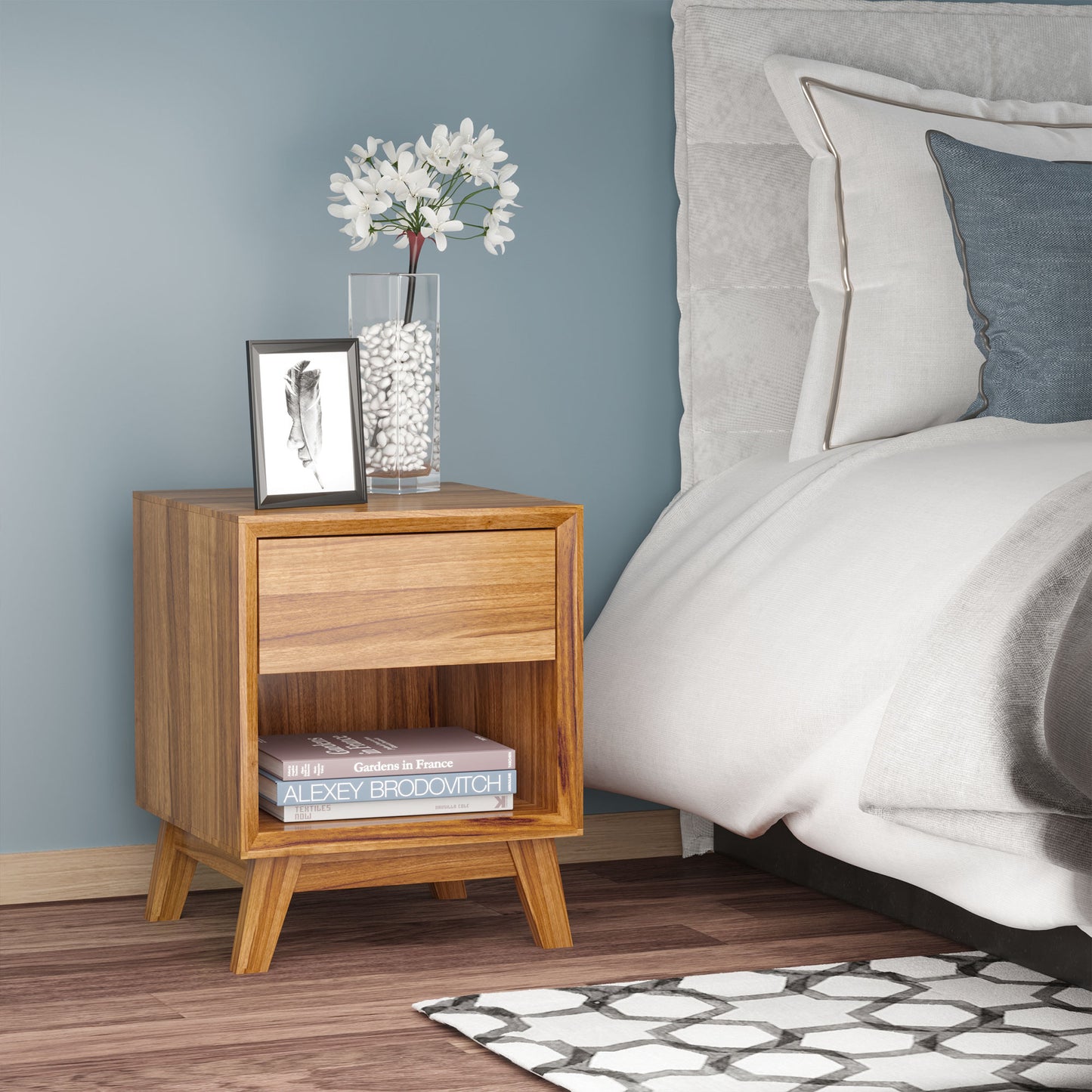 Bedside Table for Bedroom, Nightstand with Drawer and Shelf, Modern Side End Table, Walnut Brown