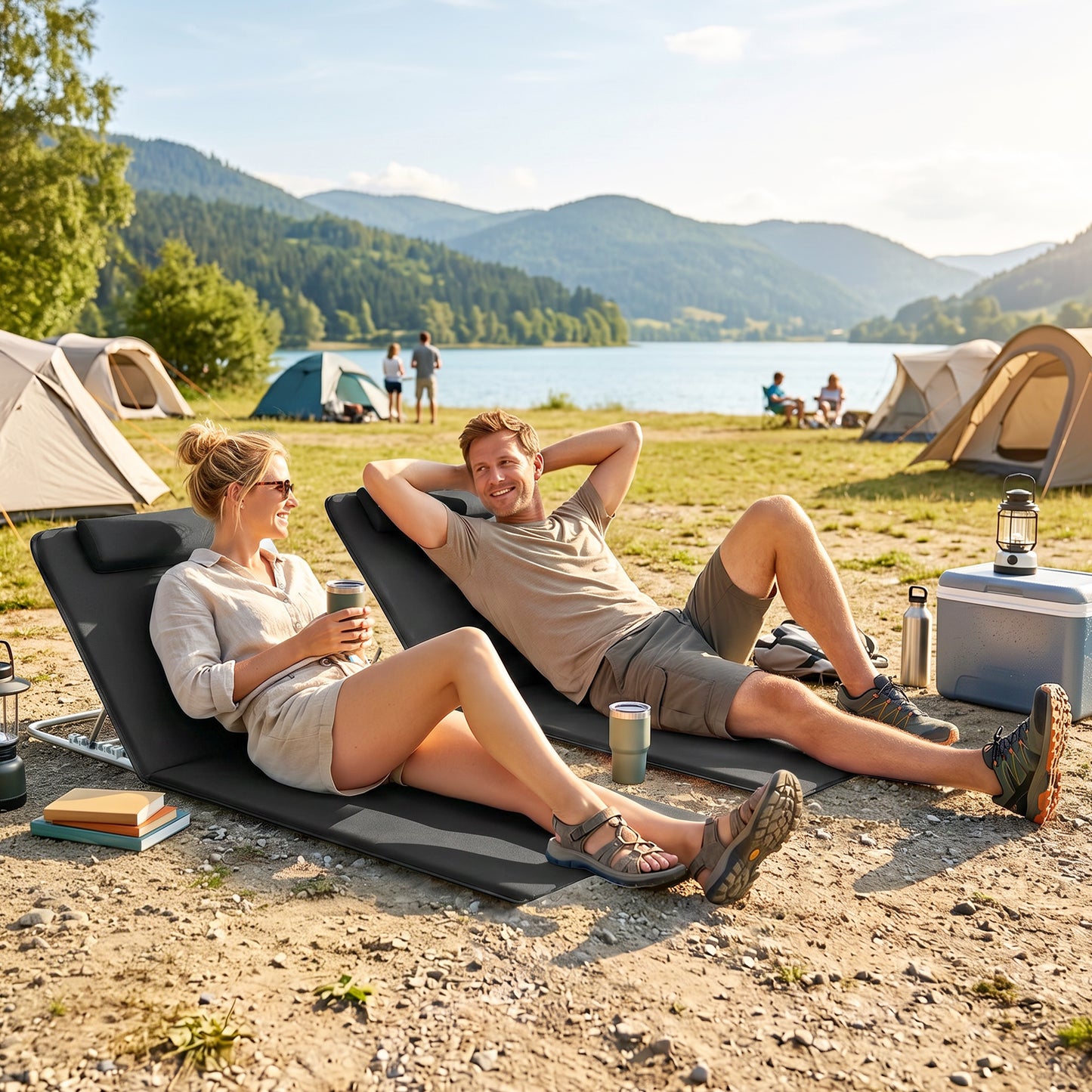 2 Pieces Beach Lounge Chair, Outdoor Folding Chaise Lounge Set w/ Pillow for Sunbath, Snap, Beige