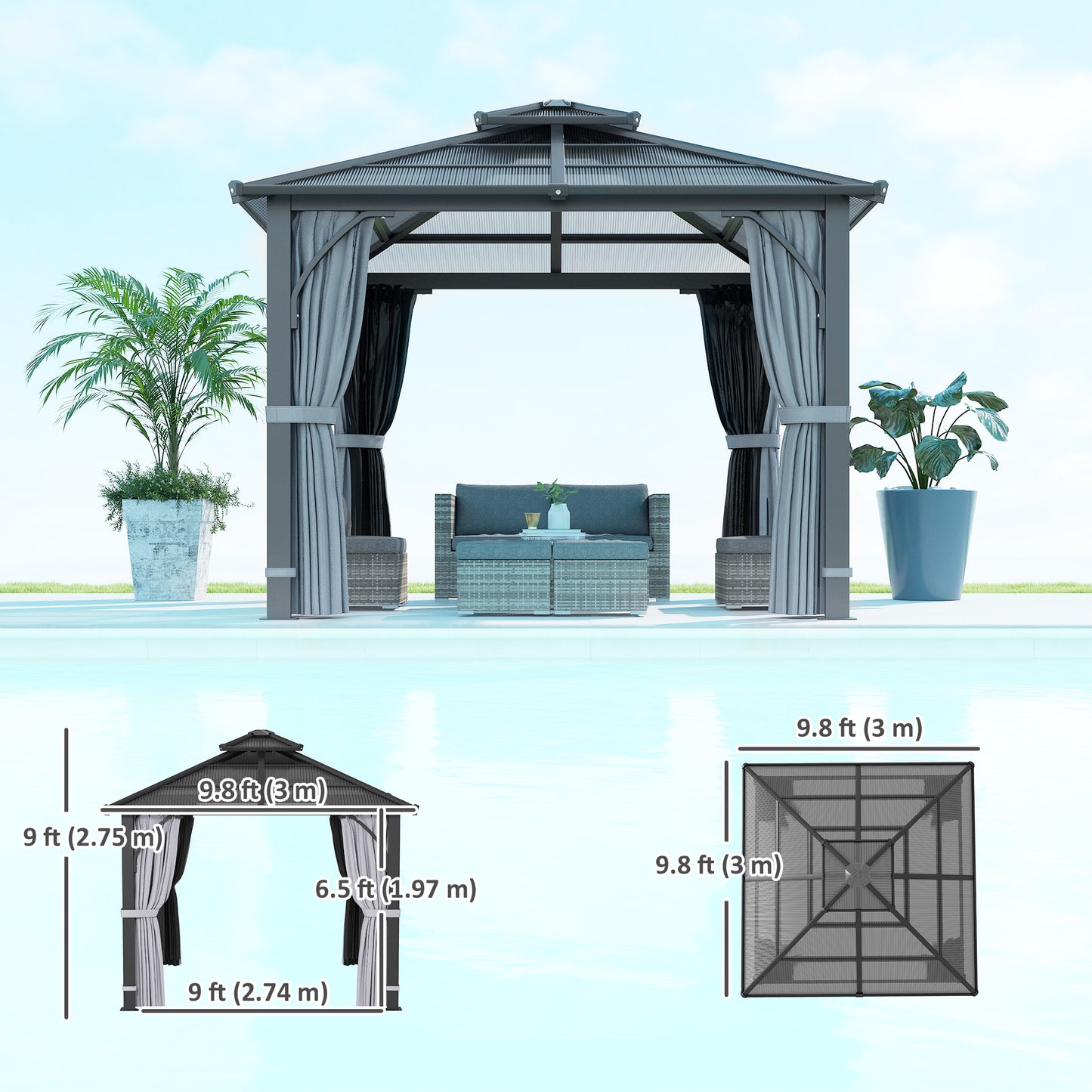 10' x 10' Hardtop Gazebo with 7mm Polycarbonate Double-Tier Roof, Outdoor Gazebo with Netting and Curtains, Dark Grey