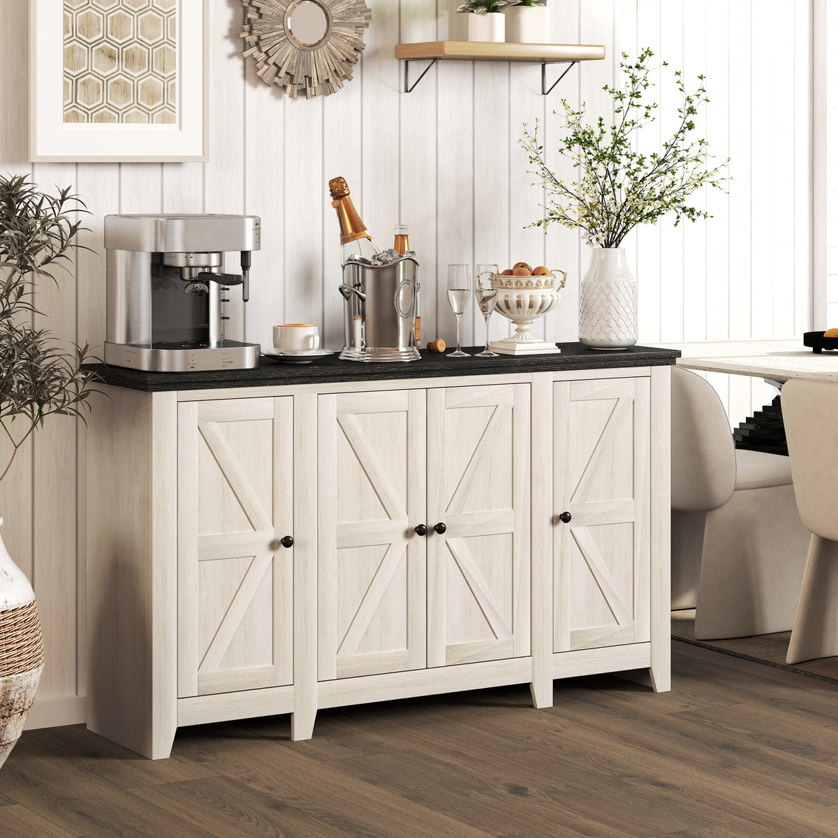 Rustic Sideboard, Buffet Cabinet with Adjustable Shelves for Living Room, Dining Room, Entryway, White Wood Grain