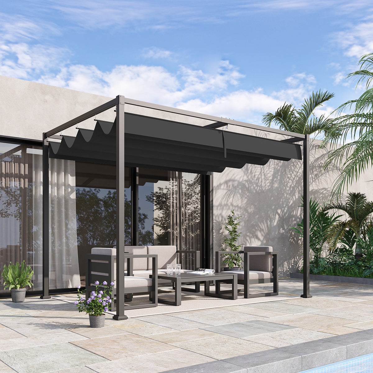 10' x 7' Black Patio Pergola with Retractable Canopy