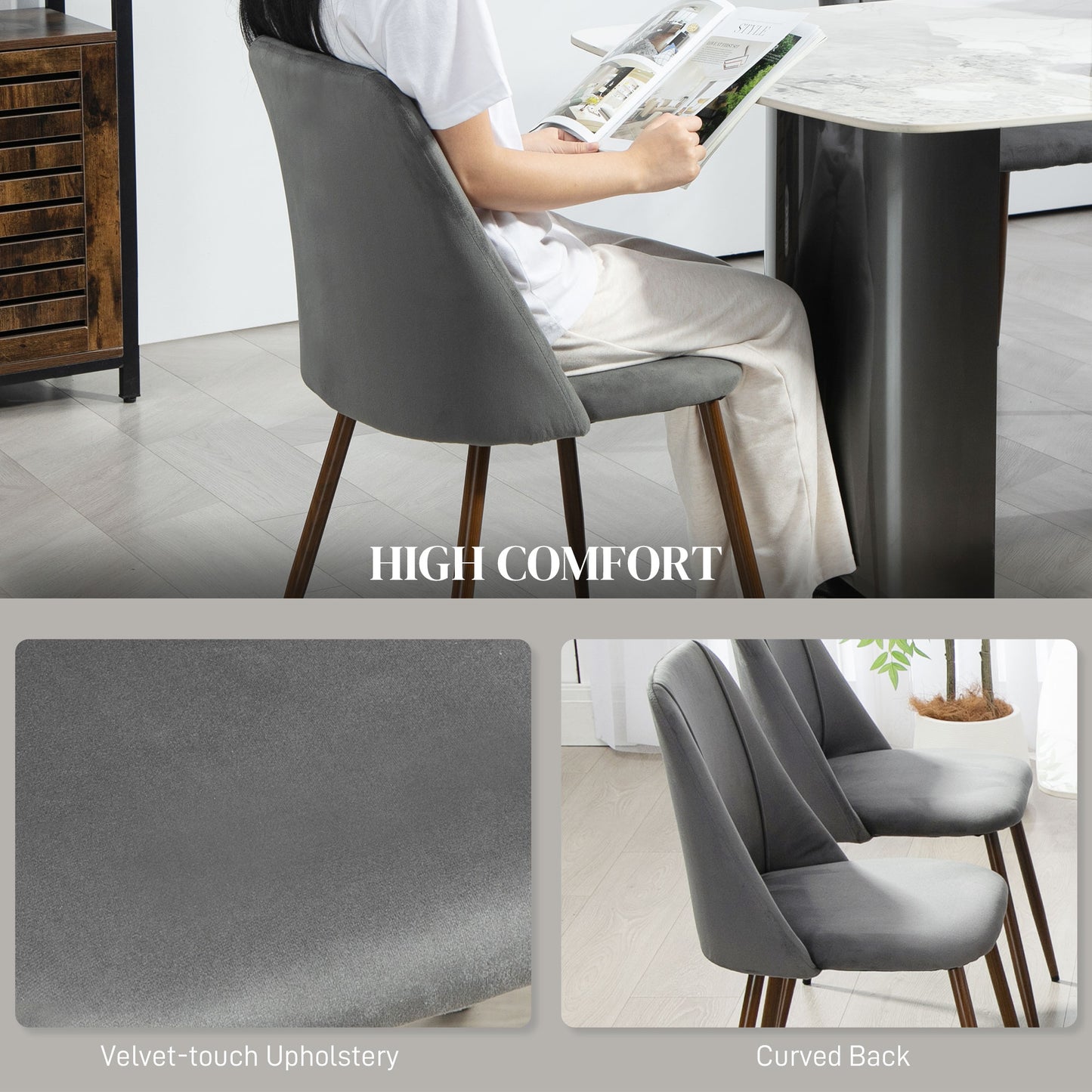 Upholstered Dining Chairs Set of 4, Velvet Accent Chair with Back and Wood-grain Steel Leg for Kitchen, Dark Grey