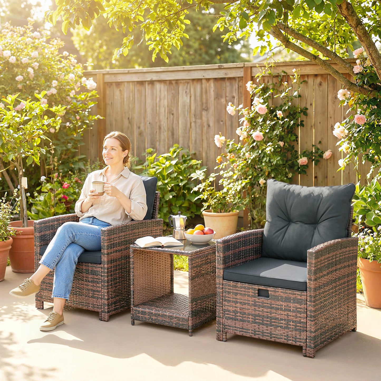 5 Piece Patio Furniture Set, Wicker Patio Chairs with Ottomans, 2-Tier Glass Coffee Table and Cushions, Brown/Dark Grey