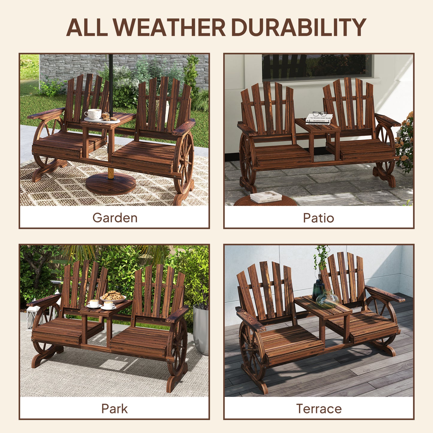 Wooden Outdoor Loveseat, Wagon Wheel Outdoor Bench with Table, Carbonized