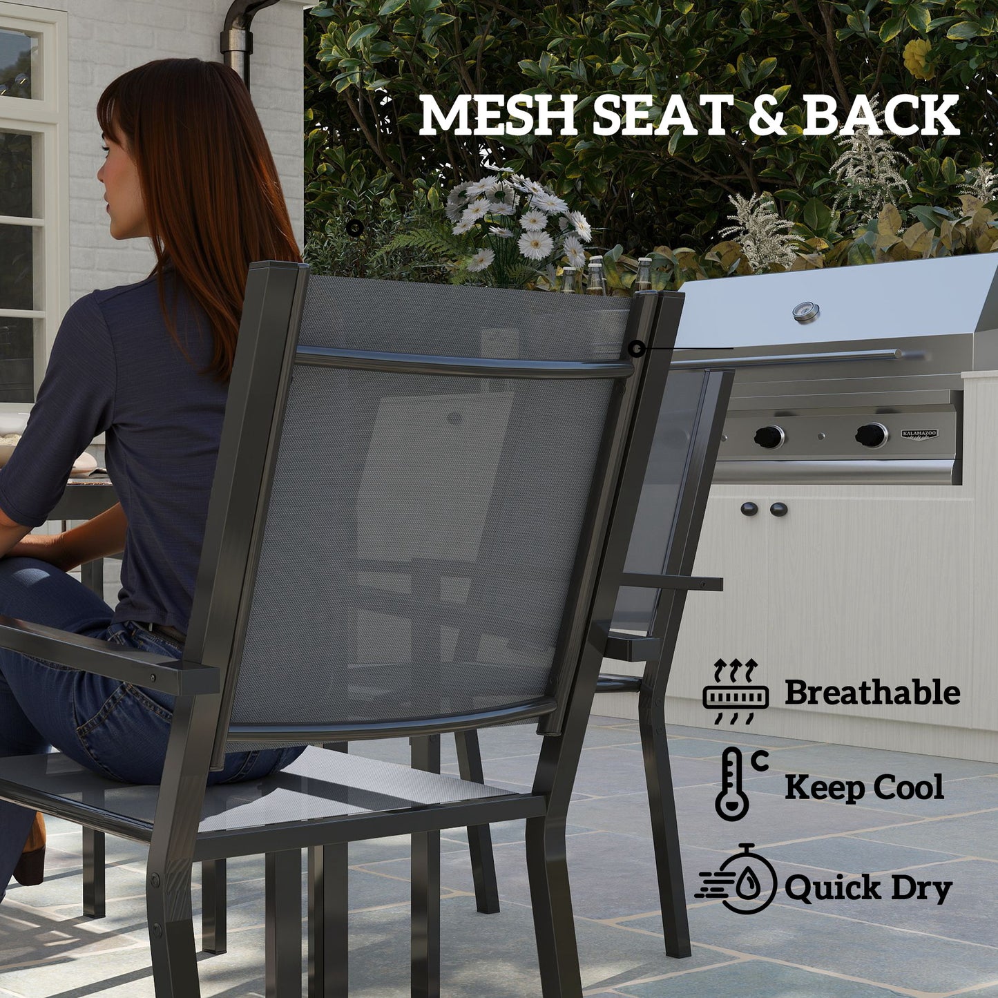7 Piece Outdoor Dining Set with 6 Stackable Chairs, Rectangle Table, WPC Slatted Top, Rust-Resistant Steel Frame