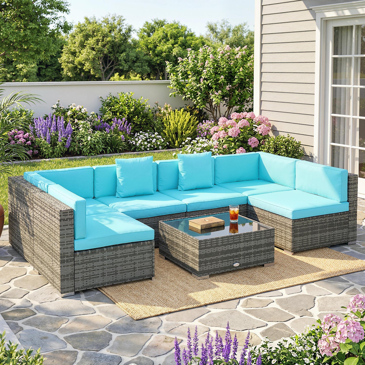 7 Piece Patio Furniture Set, PE Rattan Outdoor Conversation Set with Sectional Sofa