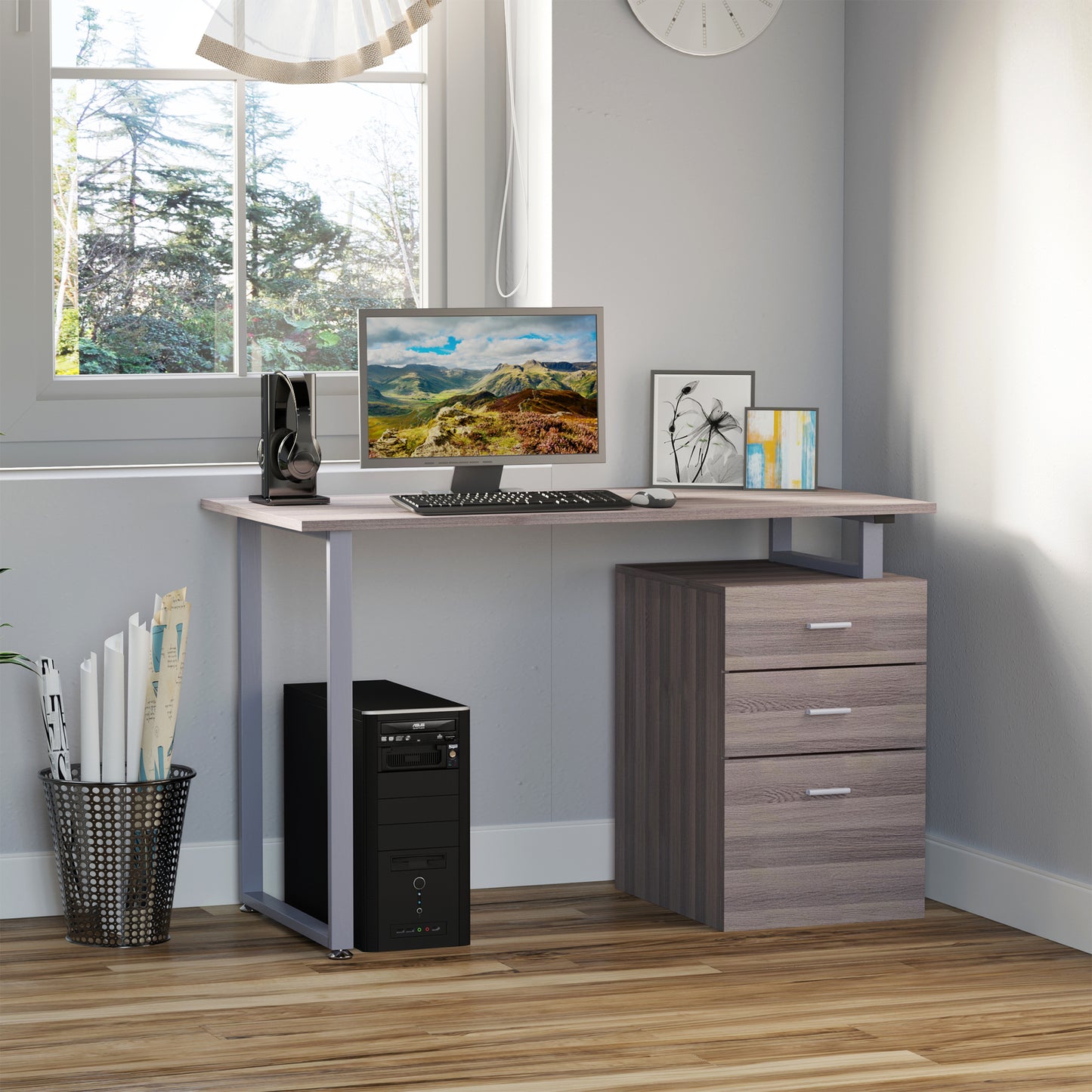 47" Computer Desk Writing Table Workstation with Multi-Use Reversible 3 Drawers Metal Frame Home Office Furniture, Dark Wood Grain
