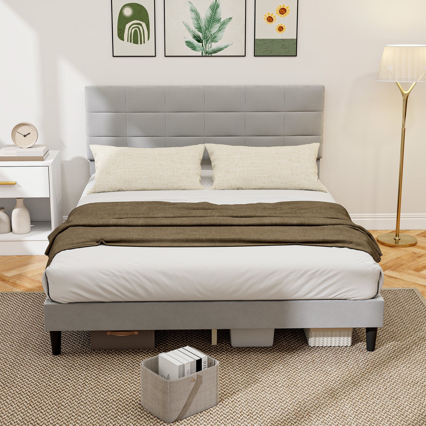 Queen Size Bed Frame with Upholstered Headboard, Modern Platform Bed Frame with Wood Slats, 1100 lbs Capacity, Grey